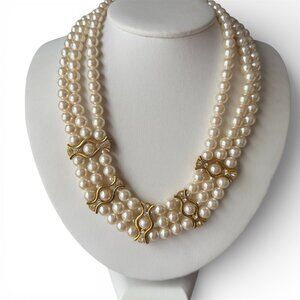 VTG 3 Strand Glass Pearl Rhinestone Gold Tone Statement Collar Necklace 16"